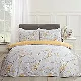 Dreamscene, set di copripiumino reversibile con motivo floreale orientale, colore: giallo ocra, grigio senape - letto King