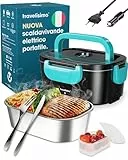 TRAVELISIMO Scaldavivande Elettrico Portatile 3 in 1 per Auto Camion e Ufficio 220V+12V+24V, Riscalda Il Cibo in Pochi Minuti, Porta Pranzo Doppio Voltaggio di Acciaio Inossidabile 1.5L