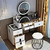 Grande Set da toeletta con Stazione di Ricarica Wireless e Altoparlante Bluetooth, toeletta da Trucco con 5 cassetti e Sgabello Imbottito, Luce a 3 Colori Regolabile (Color : White