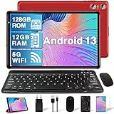 YESTEL Tablet 10 Pollici Android 13 OS con 5G WiFi, Processore 2.0 Ghz, FHD Tablet 2 in 1,12GB RAM 128GB ROM (TF 4-1TB), Bluetooth 5.0, 6000mAh, 5MP+8MP, Octa-Core, Tablet con Tastiera,Rosso