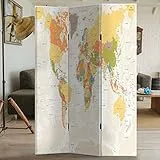BAKAJI Paravento Separè Struttura in Legno Rivestimento in Tela con Stampa Fronte Retro Mappamondo Divisorio Richiudibile Pieghevole (180 x 120 cm 3 Pannelli)