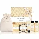 SPA LUXETIQUE Set da bagno donne – Set per la cura della vaniglia con 6 pezzi in gel doccia di dimensioni da viaggio, lozione per il corpo, bagnoschiuma, crema per le mani, borsa di lino con coulisse