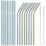 Cannucce Metallo，Set da 16 Riutilizzabili Cannucce (8 Dritte + 8 Curve), 21.5 cm Cannucce Acciaio con 2 Spazzole,Lavabili, Adatte per Succhi ， Bevande，Cocktail, Latte Freddo, Frullati, Caffè Freddo