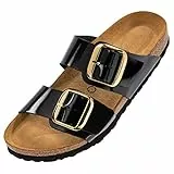 Palado Pantofole da donna Samos GS – Sandali con cinghie regolabili – Pantofole con suola in pregiata pelle scamosciata – Scarpe con plantare in sughero naturale, Laccato liscio nero oro, 38 EU