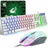 Tastiera e Mouse da Gioco, Gaming Tastiera Retroilluminato a LED Colore Arcobaleno, Mouse 6 Tasti 2400 DPI e Tappetino per Mouse, USB Cablato per PS4 XBox, Bianca