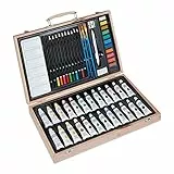 Relaxdays Kit da Disegno, Valigetta da 45 Accessori, Acquerelli, Pastello, Matite, Temperino, Pennelli, Gomma, Naturale, 70% Legno 20% Alluminio 10% plastica, 1 pz