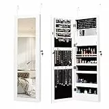 HOMASIS Specchio Portagioie da Parete con 12 Luce LED, Specchio a Figura Intera con Cornice, Armadietto Portagioie con Serratura e Specchio Intero, 120 x 37 x 9 cm, Bianco