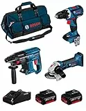 BOSCH Kit 18V BK307BAG (Trapano Avvitatore GSR 18V-60 C + Smerigliatrice GWS 18-125 V-LI + Martello Perforatore GBH 18V-21 + 2 Batterie di 5,0 Ah + Caricabatterie + Borsa)