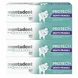 Mentadent Professional Protect+ Denti Fragili Dentifricio Rinforzante con Minerali Biocompatibili e Vitamina E per Denti e Gengive - 4 Flaconi da 75ml