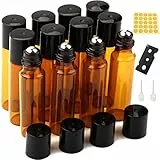 DKBT 12Pcs Roll On Vuoto per Oli Essenziali con Sfera in Acciaio Inossidabile, 10ml Marrone Contenitore Roll On Vuoto per Profumo, Olio Essenziale, Aromaterapia