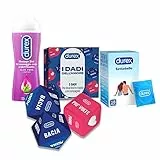 Durex Kit Divertimento, Preservativi Settebello da 18 Profilattici, Gel Lubrificante Massage 2in1 con Guaranà da 200 ml e Dadi da Gioco Erotici per coppie