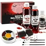 Sangue artificiale per Halloween, 58 ml, sangue fresco artificiale, 48 ml, teatro rosso scuro, 28 ml, lattice liquido, pennello per trucco, set da trucco e spugna, lavabile per Halloween, zombie