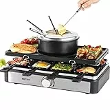 Petra PT4513VDE - Griglia elettrica 2 in 1 per raclette e fonduta, recipiente da 1,3 L, 1400 W, temperatura regolabile, include 6 forchette, 8 padelle per griglia antiaderenti e spatole in legno