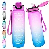 Wolepaz Borraccia con Cannuccia 1 Litro, Bottiglia Acqua Motivazionale Personalizzata, Senza BPA, Borracce Adatto per Palestra, Yoga, Corsa, Bicicletta, Campeggio e Escursionismo (Gradiente rosa-blu)