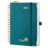 POPRUN Agenda 2024 Giornaliera con Spirale 21,5 x 14,9 cm, 1 Giorno 1 Pagina con Righello in Plastica e Angoli a Strappo, Copertina Rigida, Carta Avorio da 80 gsm Certificata FSC®, Verde Pacifico