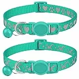 Joytale Collare Gatto Riflettente, Collari per Gatti Antistrozzo con Fibbia di Sicurezza e Campana, Misura Regolabile 23-33cm, 2 Pezzi, Turchese