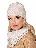 fil'loo CD-069 Cappello + Scaldacollo Completo Invernale Classico Monocolorato, Beige Chiaro,Uni