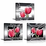 3x Quadro su tela Arte Fioritura Rossa dei Tulipani Eleganti Wall Art Immagine Fiore Pronto da Appendere Montato in quadri in Vero legno Regalo per il tuo amante Natale Home Decor 30x30cm Piy Painting