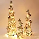 Shinowa [3 Pezzi] Set di Luci di Natale a Forma di Cono, Albero di Natale Luci LED a batteria Avvolgente da Rattan Adornato con Bacche Rosse Pigne Pendenti Decorazione Natalizia Interno - Colorato