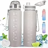 minghaoyuan Borraccia sportiva da 1 l, con indicazione del tempo, a prova di perdite, senza BPA, 1 l, con filtro per frutta, per campeggio, escursionismo, yoga, palestra, attività all'aperto (grigio)