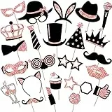 Matrimoni Photo Booth, 24pz Oro Rosa Photo Booth Accessori Fai da Te Photo Booth Puntelli Kit Foto Props Divertente Maschere Baffi Cappello Occhiali per Matrimoni Partito Decorazione