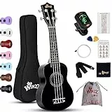 Winzz Ukulele Soprano Adulti, Ukulele Bambini Legno, 21 Pollici Ukulele Principianti, Nero Ukulele Scuola Media Kit con 9 Accessori, Adesivo per Tastiera, Carta degli Accordi