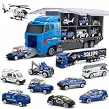 SWUNXION Camion Giocattoli Trasportatore di Polizia 10 in 1 con Maniglia, Set di Mini Veicoli in Plastica Pressofusa, Istruzione Prescolare per Bambini Regalo per Festa di Compleanno Party Natale