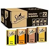 Sheba Selezione in Gelatina, gusti Pollo, Tacchino, Pollame, Anatra, cibo umido completo per gatti adulti, 72 Bustine da 85g