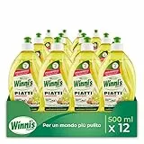 Winni's - Detersivo Piatti e Stoviglie a Mano, Ipoallergenico e Delicato sulla Pelle, Fragranza Bergamotto e Aloe, con Materie Prime di Origine Vegetale, 500 ml x 12 Confezioni