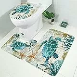 LAOSHIZI Tappetini per Il Bagno Morbido Antiscivolo Stampa di Animali marini Bath Mat 3 Pezzi Set Contour rug igienici Coperchio Coperchio e Vasca da Bagno Mat Tartaruga di Mare