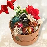 Lindt Lindor Idee Regalo Natale - Cofanetto Tema Natalizio + 100gr Cioccolatini Lindt Assortiti + Rosa Artificiale Decorativa - Confezione Regalo (TONDO NATALE)