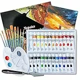 Topsics 37 Pezzi Colori Acrilici per Dipingere, 12 ML x 24 Tubes Set Pittura Acrilica per Pietra/Tessuto/Vetro/Legno/Tela, Kit di Pittura Acrilici Atossici per Principianti/Bambini