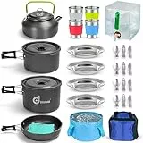 Odoland Pentole Set da Campeggio incl. Contenitore per Acqua e Secchio Pieghevole Set di Pentole e Padella da Campeggio Antiaderenti con Bollitore Tazze Piatti Forchette Coltelli Cucchiai