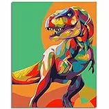 WISKALON Dipingere con i Numeri Kit 16 * 20 Pollici Dipinto ad Olio per Adulti e Bambini DIY Acrilici Pittura con Lente d'Ingrandimento 3X, con Pennelli e Colori - Dinosauri Colorati (Senza Cornice)