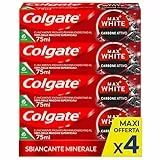 Colgate Dentifricio Sbiancante Max White Carbon 4 Confezioni da 75 ml I Dentifricio Minerale Delicato Al Carbone Attivo Per Denti Bianchil I Sbiancantemento denti I Bianco naturale