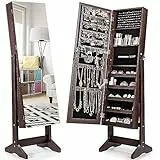 COSTWAY Armadietto Portagioie Specchiera per Gioielli, Armadio per Gioielli 2 in 1 con Grande Capacità, 4 Angoli Regolabili, 41 x 36,5 x 146 cm (Marrone)