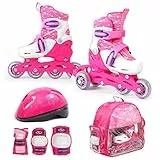 SMJ - Set 2 in 1 per bambine e ragazze, pattini in linea regolabili, set di protezioni + casco + custodia, Colore: rosa., 30-33