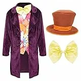 Ragazzi Chocolate Factory Boss Costume - Kids Chocolate Factory Outfit - Cappotto viola - Gilet con stampa di caramelle - Papillon dorato - Cappello oversize per la Giornata mondiale del libro