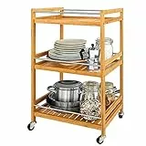 BAKAJI Carrello Cucina o Bagno 3 Scomparti In Legno Bambu' Naturale 4 Ruote 46 x 38 x 76 cm, Carrello da portata Servizio Bamboo Naturale