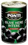 Ponti, Olive Nere Intere, Ideali da Aggiungere ad Insalate e Pizze, Ottimi anche come Antipasto, dal Sapore Ricco e dalla Consistenza Succosa, 100% Made in Italy, 12 Vasi da 400 g