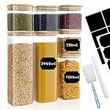 Withosent Set di 7 Barattoli Vetro, 750ml/ 1500ml/ 2400ml Barattoli Cucina con Coperchio di Bambù, Grandi Contenitori Vetro per Alimenti, Contenitore per Spaghetti, Cereali, Pasta