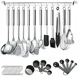 Berglander Set di utensili da cucina 38 pezzi in acciaio inossidabile, utensili da cucina pentole, set di utensili da cucina con portautensili e ganci per appendere lavabile in lavastoviglie