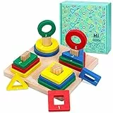 Japace Giocattoli in Legno Montessori, Giocattolo Educativi per 1 2 3 Anni Bambini, Puzzle in Legno Giochi Impilabile Blocchi di Forma Geometrica Regalo di Compleanno per Ragazza Ragazzo