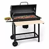 oneConcept Beefbutler - griglia a Carbone, griglia da Giardino, griglia Diretta e indiretta, 2 Ripiani in Legno, 4 Aperture di Ventilazione, Contenitore Rimovibile, Ruote per Trolley, Nero