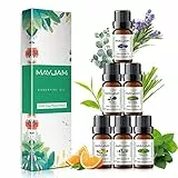 MAYJAM Set Oli Essenziali 6 Pezzi, Oli Essenziali per Diffusori Aromaterapia 100% Puri Naturali, Olio Essenziale di Lavanda, Eucalipto, Tea Tree, Menta Piperita, Arancia Dolce, Citronella
