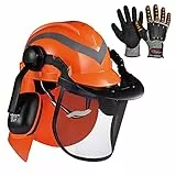 SAFEYEAR Casco di sicurezza per forestale paraorecchie regolabili 27SNR, guanti anticollisionevisiera in rete. Elmetto di qualità approvato EN397 per motoseghe, lavori forestali, edile e industria.