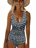 NLAND Costume Intero Donna da Contenitivo Increspato Controllo della Pancia Scollo a V da Bagno Costume Halter Spalline Regolabili Coulisse sul Petto Push Up（Motivo della Luna，XL