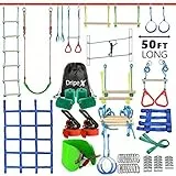 Dripex Percorso ad Ostacoli Ninja per Bambini- 15m×2 Ninja Slackline e 10 Ostacoli Durevoli - Percorso di Allenamento all'aperto in Cortile con Altalena, rete e Scala per Arrampicata, Ginnastica
