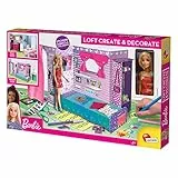 LISCIANI- Barbie Create e Decorate, Bambola Inclusa, Loft in Cartone e Mobili da Costruire, Pennarelli, Sticker, Fogli da Colorare, Multicolore, 92000