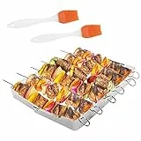 EMAGEREN Porta Spiedini per Barbecue Griglia in Acciaio Inox Griglie per Arrostire per Barbecue Set di 6 Spiedini per Barbecue in Acciaio Inox + 1 Griglia + 2 Spazzola per Barbecue in Silicone